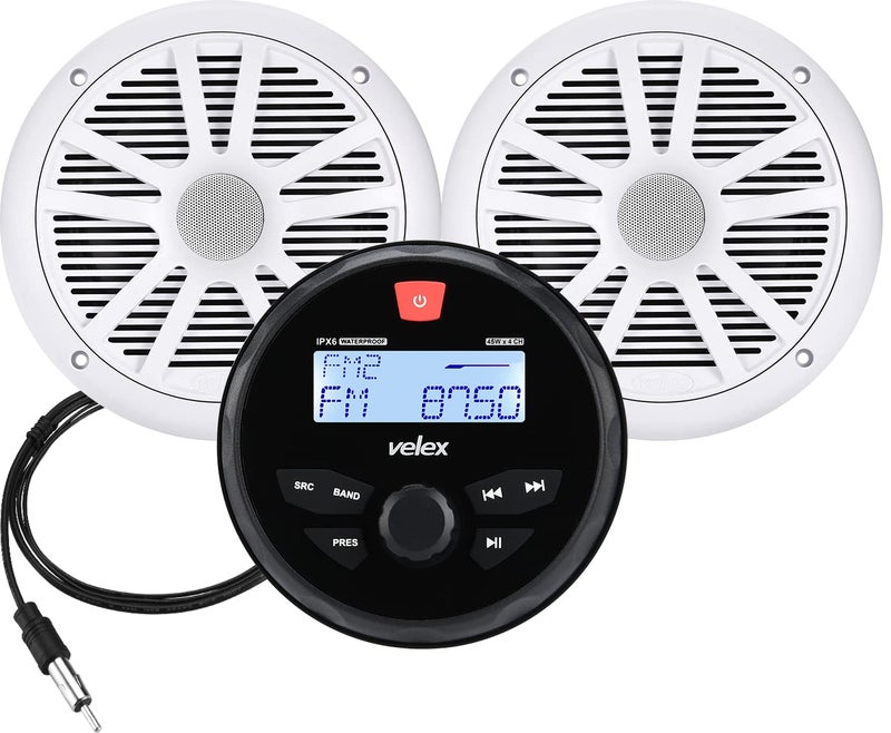 VELEX Marine Audio System Stereo Speaker Package, Bluetooth, MP3 USB AM FM Marine Stereo - 2 x 6.5 Inch White Speakers, Antenna - Image 1